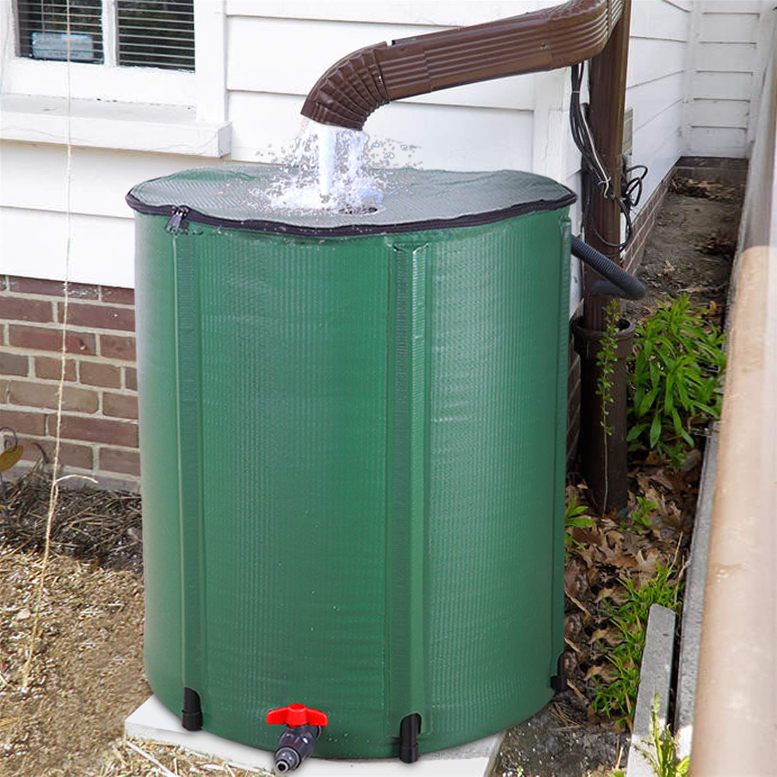 Rain barrels collecting roof runoff